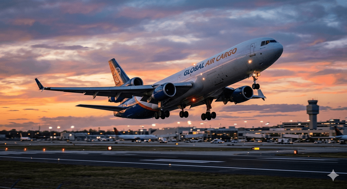Cargo plane moving parcels through an international shipping route